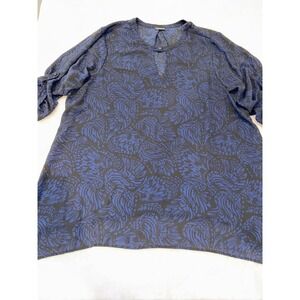 Torrid Blue Black Print Blouse‎ Top Plus Size Tie 3/4 Sleeve Button Detail